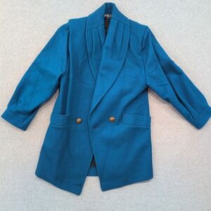 Vintage JOFIELD Teal Blue Wool Blend Blazer Lion Head Buttons Pleated Collar Med